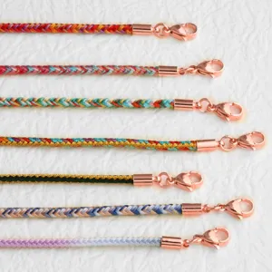 Detailed view of 3mm colorful braided handmade necklace cords with elegant rose gold lobster clasps.