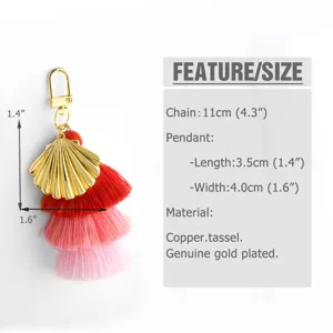 Gold shell pendant with multi-layered pink and red tassel keychain detail and dimensions view.