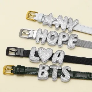 DIY rhinestone letter watch straps, sparkling zirconia charms, custom bracelet accessories.