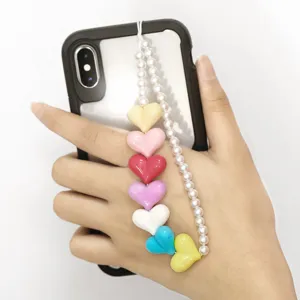Sweet Color Resin Heart Phone Chain Artificial Pearl Beaded Anti-Lost Phone Charm Lanyard Cute Wrist Strap For Women Key Bag