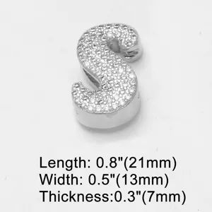 Close up detail of silver letter S pave zirconia charm pendant accessory for jewelry making.