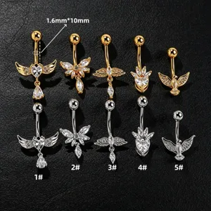 Piercing ombelico in acciaio inox con zircone, design ali d'angelo, gioiello per corpo.