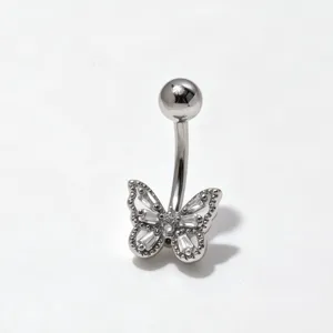 Piercing per ombelico in acciaio inossidabile con farfalla in zircone scintillante, gioiello.