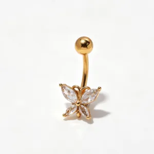 Piercing per ombelico in acciaio inossidabile dorato con dettaglio farfalla in zircone.