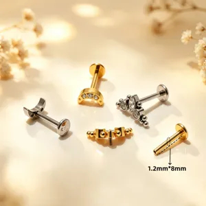 Titanen labret piercing set met zirkonia steen voor kraakbeen en oor maten 1.2x8mm
