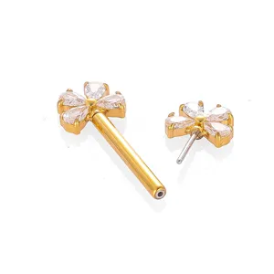 Gold 316L Stainless Steel Zircon Flower Push-In Nipple Ring Body Piercing Jewelry