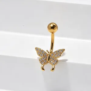Piercing per ombelico in acciaio dorato con zirconi scintillanti a forma di farfalla.