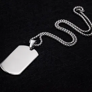 Stainless steel blank dog tag pendant necklace for men, smooth surface detail view.