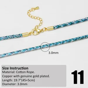 Detailed view of colorful braided cotton rope necklace cord with gold plated clasp and extension.