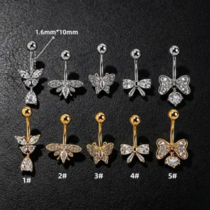 Stainless steel belly button ring with sparkling cubic zirconia butterfly and bow design details.