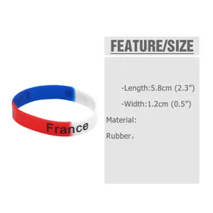 Frankreich Flagge Silikon Armband Gummiband mit Maßen und Produktdetails für den Alltag.