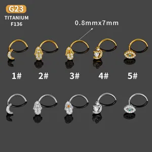 G23 Titanium Nose Rings Set Crystal Moon Hamsa Evil Eye Body Piercing Jewelry 0.8x7mm