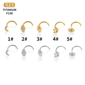 Titanium Alloy Zirconia Nose Stud S-Shaped Nose Ring Hamsa Hand Moon Evil Eye Body Piercing Jewelry For Men Women
