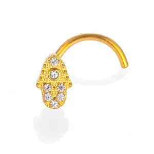 Titanium Hamsa Hand Zircon Nose Stud Body Piercing Jewelry S-Bar Gold Nose Ring Detail