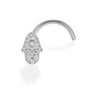Detailed view of Hamsa hand CZ nose stud body piercing jewelry in silver tone sparkling.