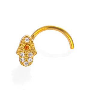 F136 Titanium Hamsa Hand Nose Stud Jewelry with Sparkling Zirconia Detail