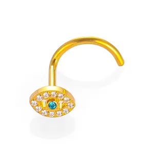Detailed close-up of titanium alloy evil eye nose stud featuring sparkling clear and blue zircon stones.
