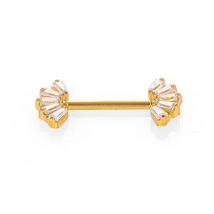Gold stainless steel cubic zirconia crown nipple ring barbell body piercing jewelry.