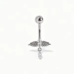 Piercing per ombelico in acciaio inossidabile con ali in zircone e pietra pendente.