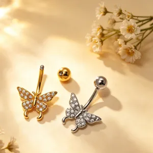 Piercing per ombelico a farfalla oro argento con zirconi cubici barra in acciaio inossidabile