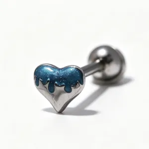 Stainless steel blue glitter heart tongue ring body piercing jewelry detail close-up view