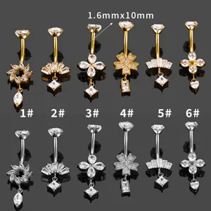 Joya de piercing para ombligo de acero inoxidable con circonita flor 1.6x10mm