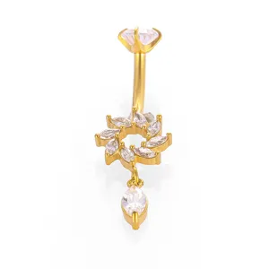 Piercing para ombligo de acero inoxidable con colgante de flor de circonita.