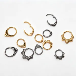 Titanium piercing rings set, clicker septum rings, cartilage earrings and nose studs detail.