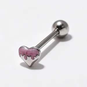 316L Stainless Steel Pink Enamel Heart Tongue Bar Body Piercing Jewelry Detail View