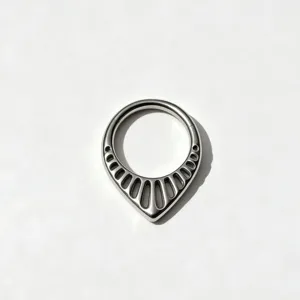 Titanium teardrop piercing ring detail, sleek hinged clicker design for septum and cartilage.