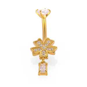 Llamativo piercing para ombligo de acero inoxidable con colgante de flor y circonita.