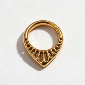Titanium clicker ring featuring a unique teardrop shape with intricate hollow-out detailing.