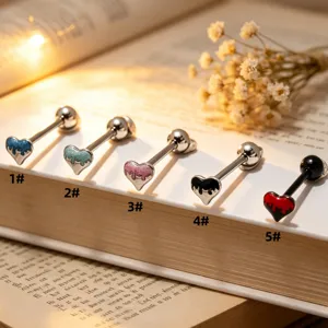 Stainless steel heart tongue ring piercing jewelry detail shot showing five color variations.