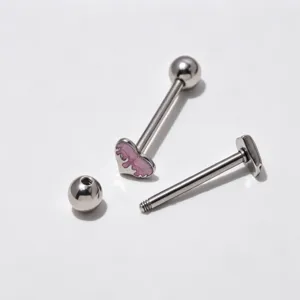 316L stainless steel body piercing jewelry with pink heart straight barbell tongue ring.