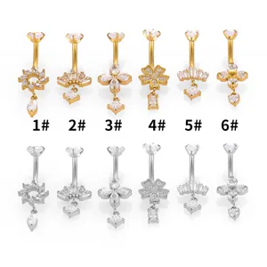 Piercing de Ombligo de Acero Inoxidable con Circonia Flor Corona Colgante Joyería de Piercing Corporal Mujer Oro Plata