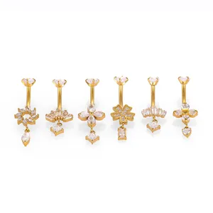 Conjunto de piercings para ombligo de acero inoxidable con circonitas flores, 6 pzas.