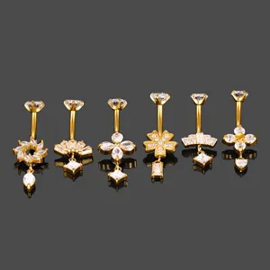 Anillos para ombligo de acero inoxidable con cristales de circonita flores y colgantes piercing.