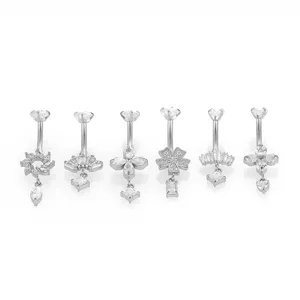 Set de piercing para ombligo de acero inoxidable con cristales de circón flores y coronas.