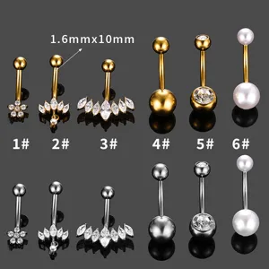 Stainless steel navel ring with cubic zirconia and pearl, 1.6x10mm belly piercing jewelry detail.