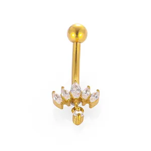 Gold-tone 316L stainless steel navel piercing with clear cubic zirconia marquise stones.