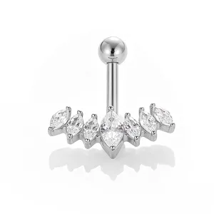 316L stainless steel navel piercing ring featuring sparkling marquise cut cubic zirconia.