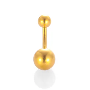 Gold curved barbell navel piercing detail shot, polished stainless steel belly ring jewelry close-up.