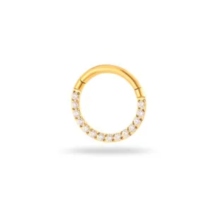 Close-up detail of G23 titanium cartilage piercing ring with clear cubic zirconia stones.
