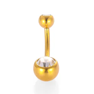 Detailed closeup of golden curved barbell belly button ring with sparkling clear cubic zirconia stones.