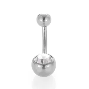 Stainless steel navel piercing ring with clear zircon crystal, curved barbell detail view.
