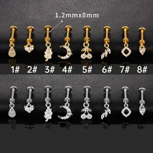 Titanium steel labret stud piercing jewelry with cubic zirconia charms, gold and silver options.