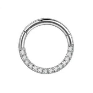 Titanium hinged segment clicker nose ring and cartilage earring with sparkling cubic zirconia.