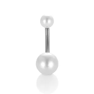 Stainless steel curved barbell belly button ring detail shot, showing polished metal finish.