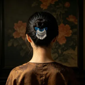 Detailed view of traditional ethnic style blue velvet butterfly tassel hairpin with silver.