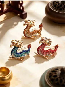 Detailed view of traditional Chinese zodiac dragon brooches, vintage crystal metal suit accessories.